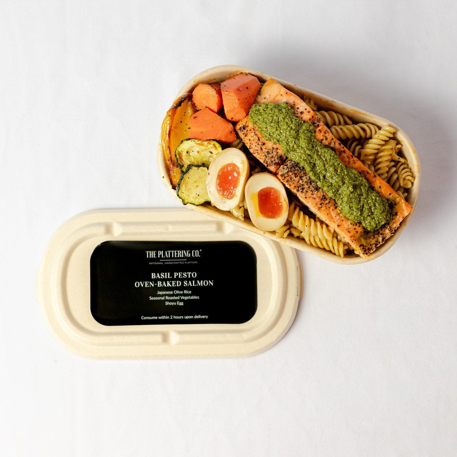 Basil Pesto Oven-baked Salmon with Fusilli Aglio Olio Bowl